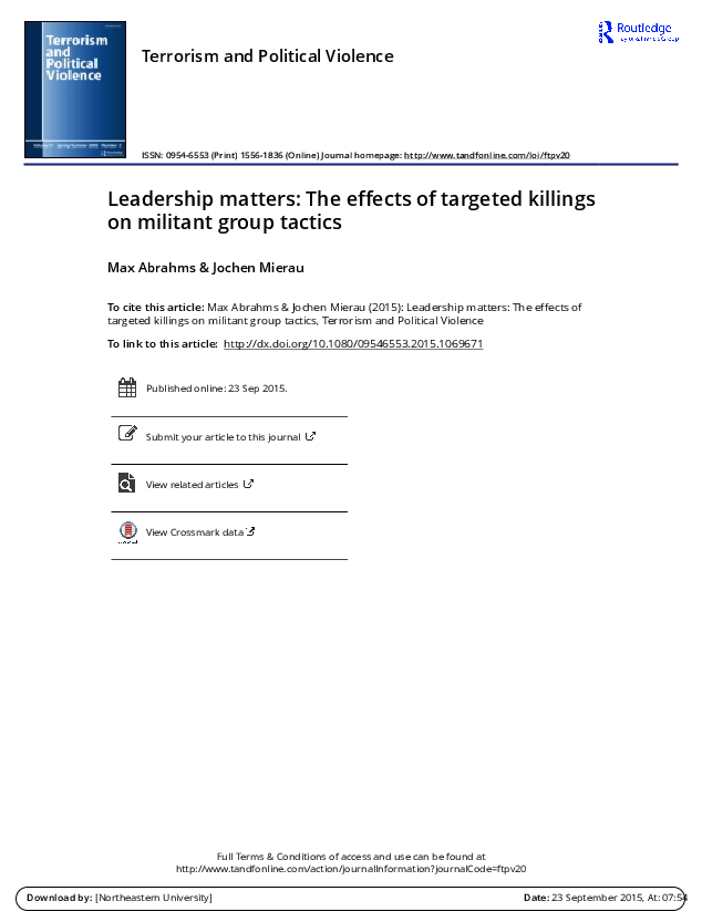 First page of “Leadership Matters: The Effects of Targeted Killings on Militant Group Tactics (forthcoming in Terrorism and Political Violence, with Jochen Mierau)”