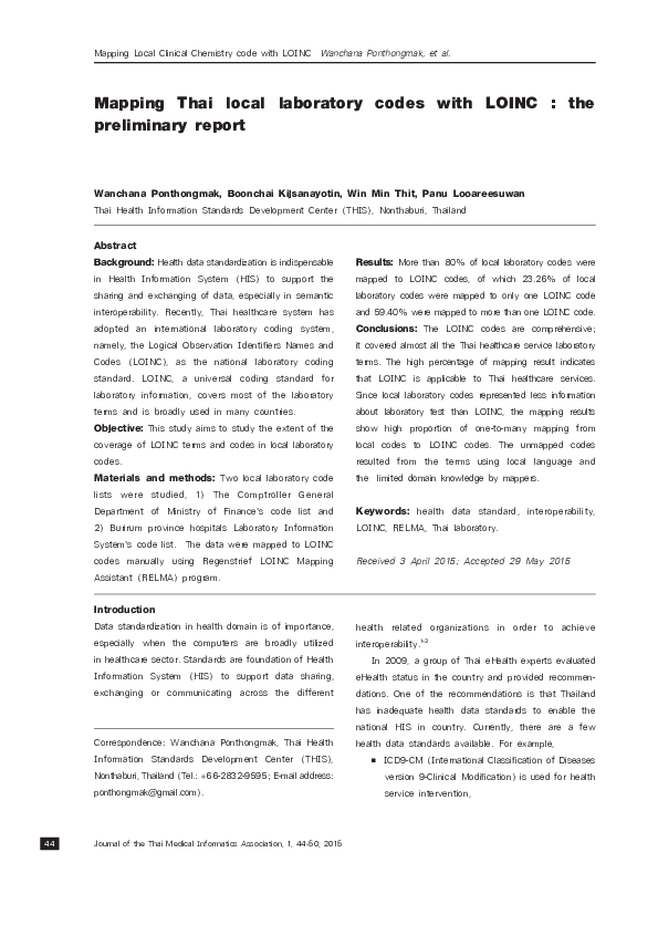 (PDF) Mapping Thai local laboratory codes with LOINC the preliminary