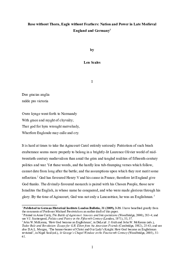 Rose without thorn, eagle without feathers: nation and power in late medieval England and Germany