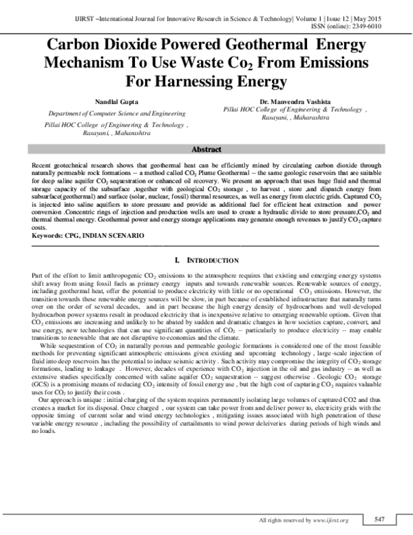 (PDF) Carbon Dioxide Powered Geothermal Energy - Mechanism to Use Waste ...