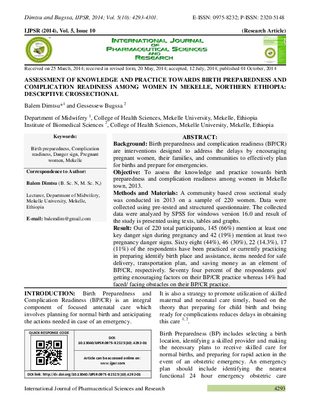 (PDF) ASSESSMENT OF KNOWLEDGE AND PRACTICE TOWARDS BIRTH PREPAREDNESS ...