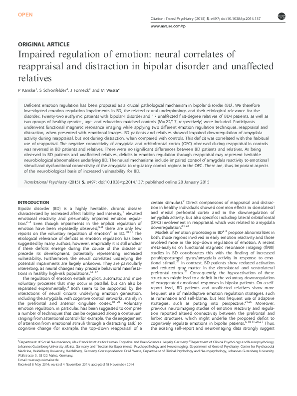 Impaired regulation of emotion: neural correlates of reappraisal and ...