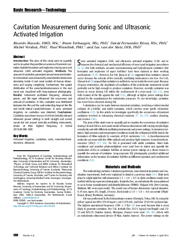 (PDF) Cavitation Measurement during Sonic and Ultrasonic Activated Irrigation Ricardo Macedo