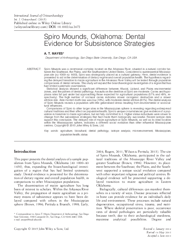 (PDF) Spiro Mounds, Oklahoma Dental Evidence for Subsistence