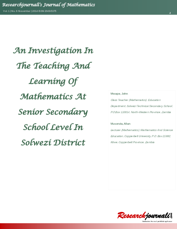 (PDF) An Investigation In The Teaching And Learning Of Mathematics At ...