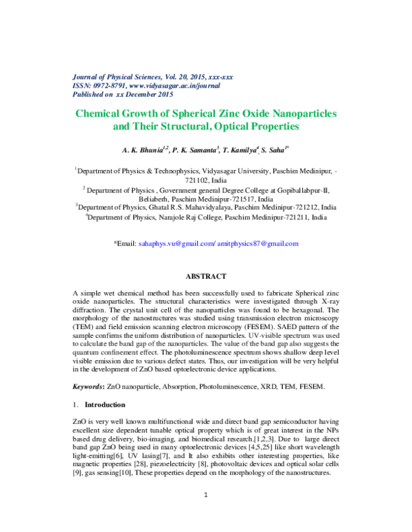 (PDF) Chemical Growth of Spherical Zinc Oxide Nanoparticles and Their ...