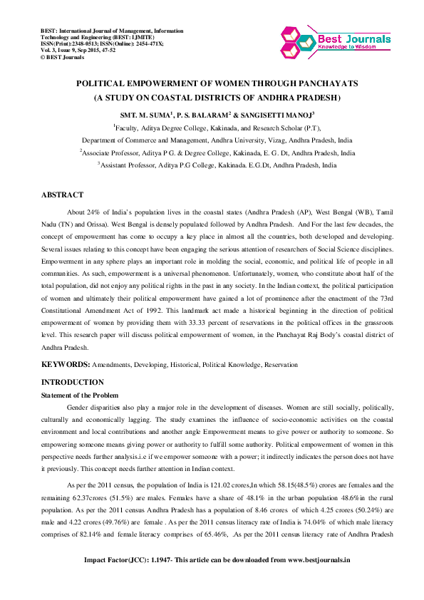 (PDF) POLITICAL EMPOWERMENT OF WOMEN THROUGH PANCHAYATS (A STUDY ON ...