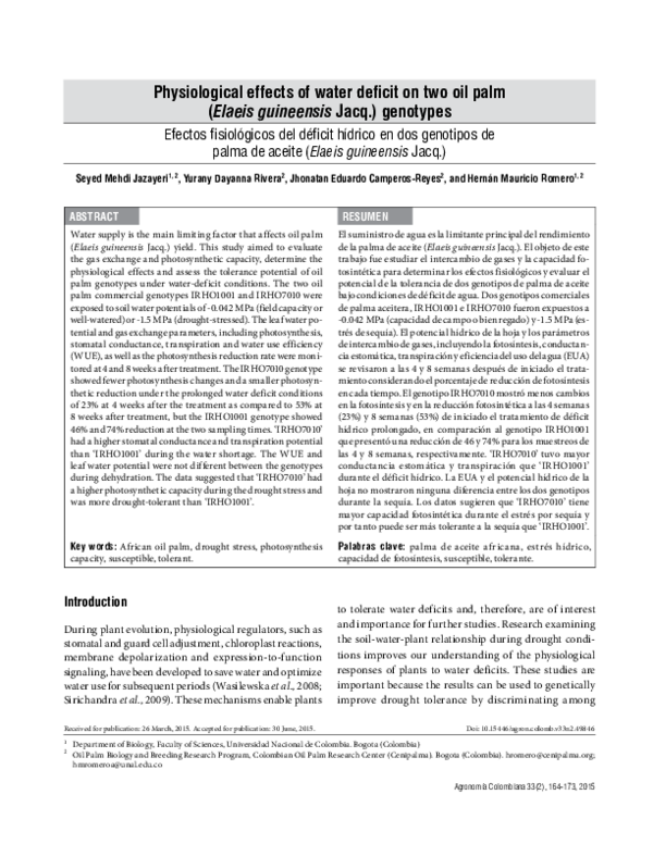 (PDF) Physiological effects of water deficit on two oil palm (Elaeis ...