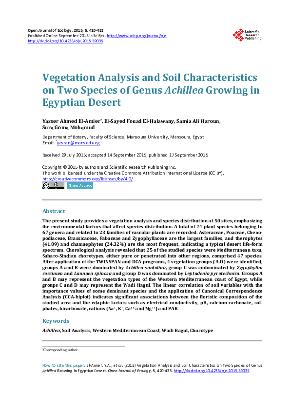  PDF Vegetation Analysis And Soil Characteristics On Two Species Of Genus Achillea Growing In 