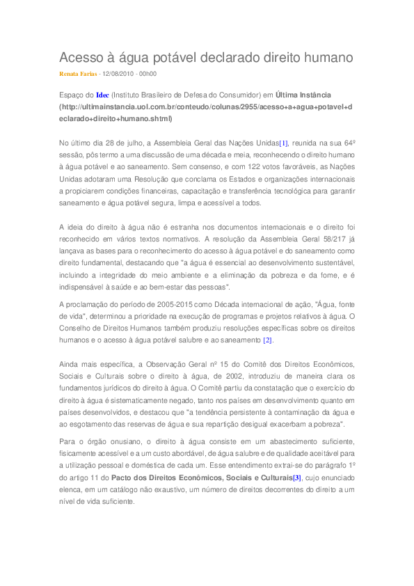 (PDF) Acesso à água potável declarado direito humano
