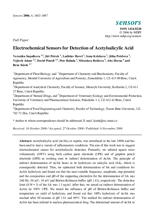(PDF) Electrochemical Sensors for Detection of Acetylsalicylic Acid