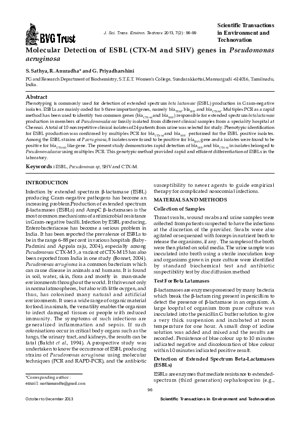 (PDF) Molecular detection of ESBL (CTX-M and SHV) genes in Pseudomonas ...