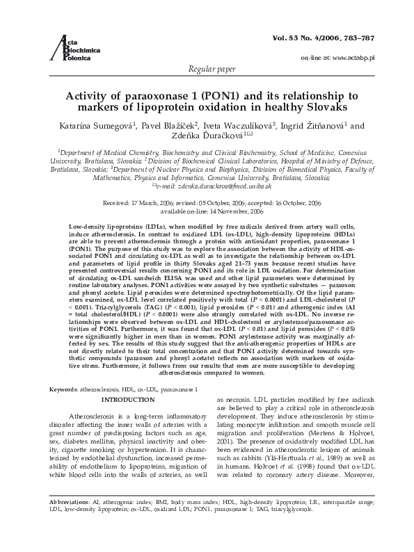 (PDF) Activity of paraoxonase 1 (PON1) and its relationship to markers ...