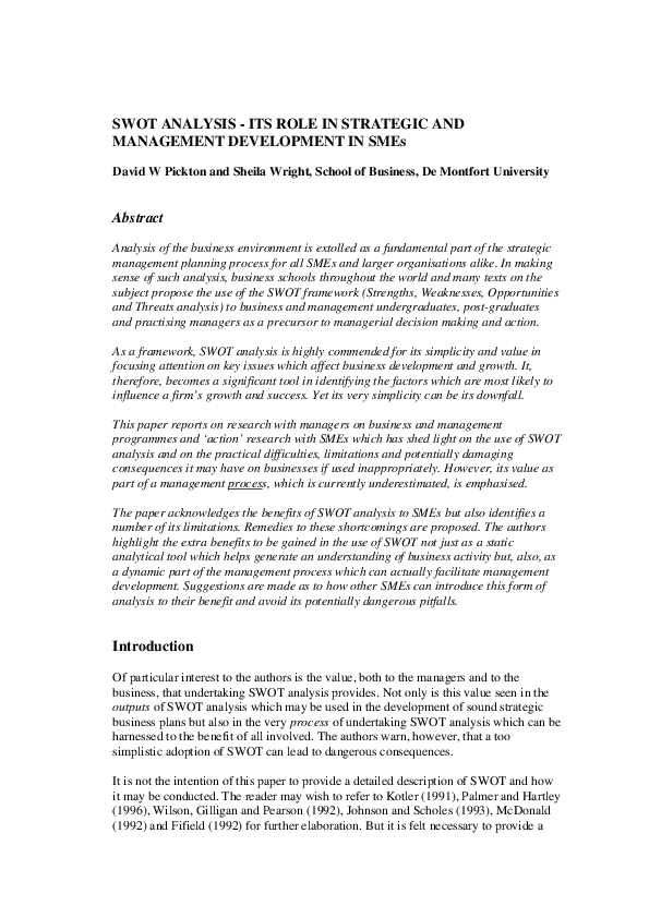 (PDF) 1997 SWOT Analysis Its Role in Strategic and Management