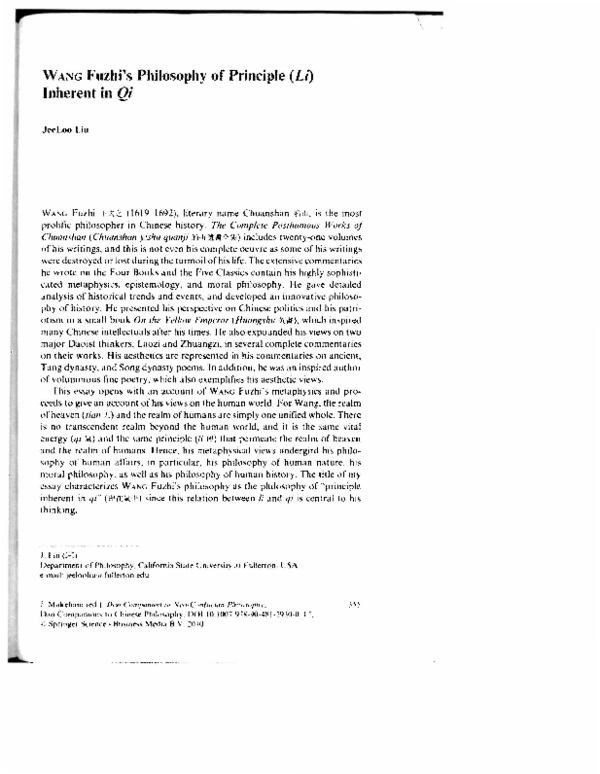 (PDF) Wang Fuzhi's Philosophy of Principle (Li) Inherent in Qi