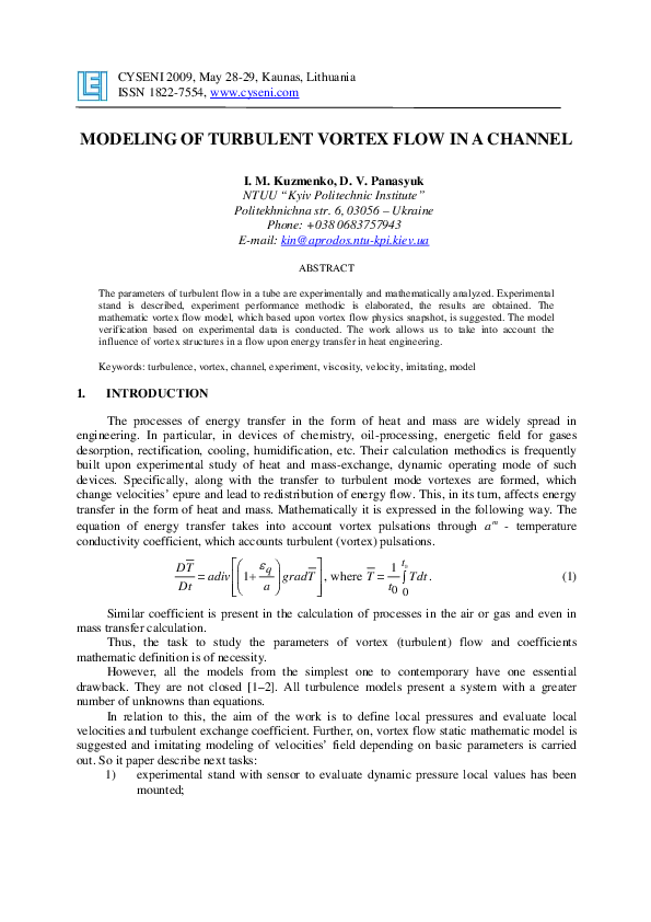 (PDF) MODELING OF TURBULENT VORTEX FLOW IN A CHANNEL
