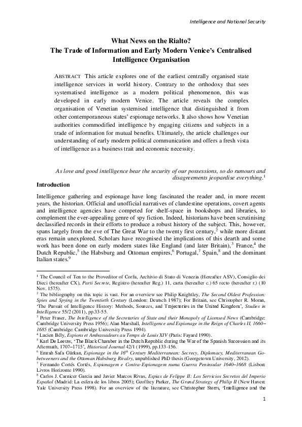 What News on the Rialto? The Trade of Information and Early Modern Venice's Centralized Intelligence Organization