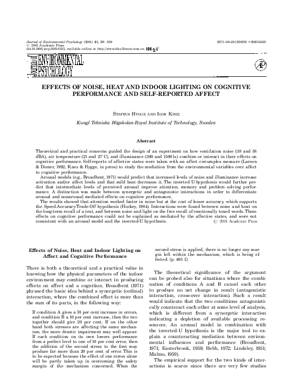 (PDF) EFFECTS OF NOISE, HEAT AND INDOOR LIGHTING ON COGNITIVE