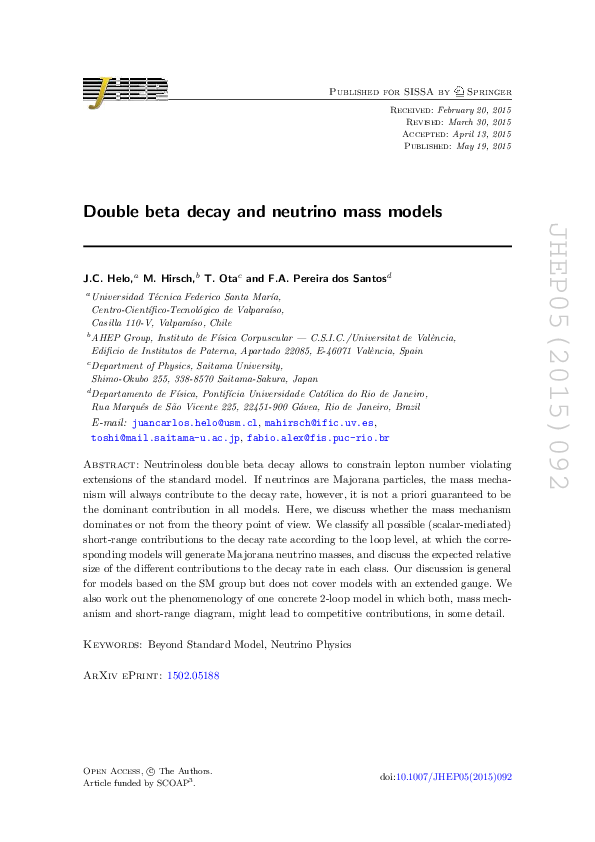 (PDF) Double beta decay and neutrino mass models
