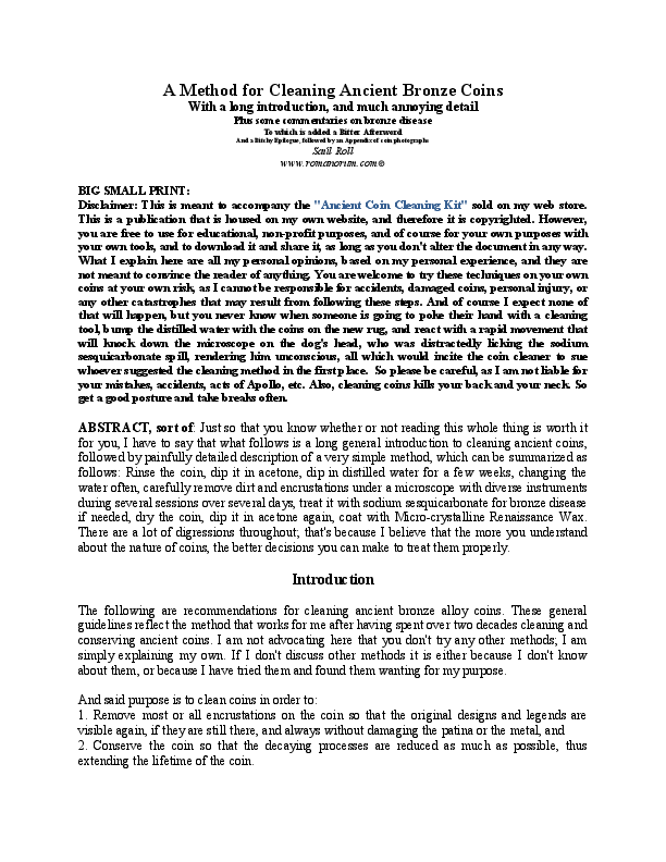 (PDF) A Method for Cleaning Ancient Bronze Coins. With a long introduction, and much annoying