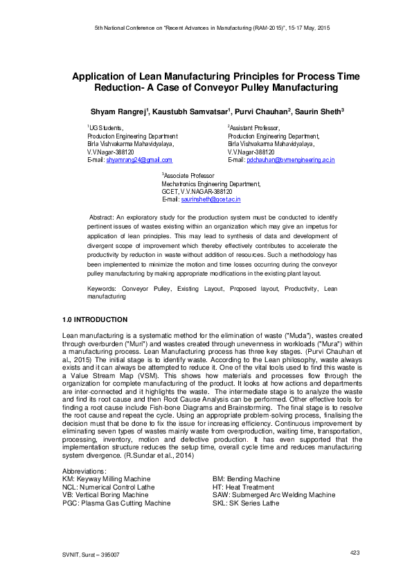 (PDF) Application of Lean Manufacturing Principles for Process Time