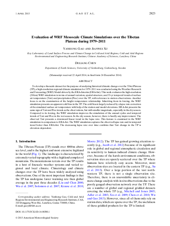 (PDF) Evaluation of WRF mesoscale climate simulation over the Tibetan ...