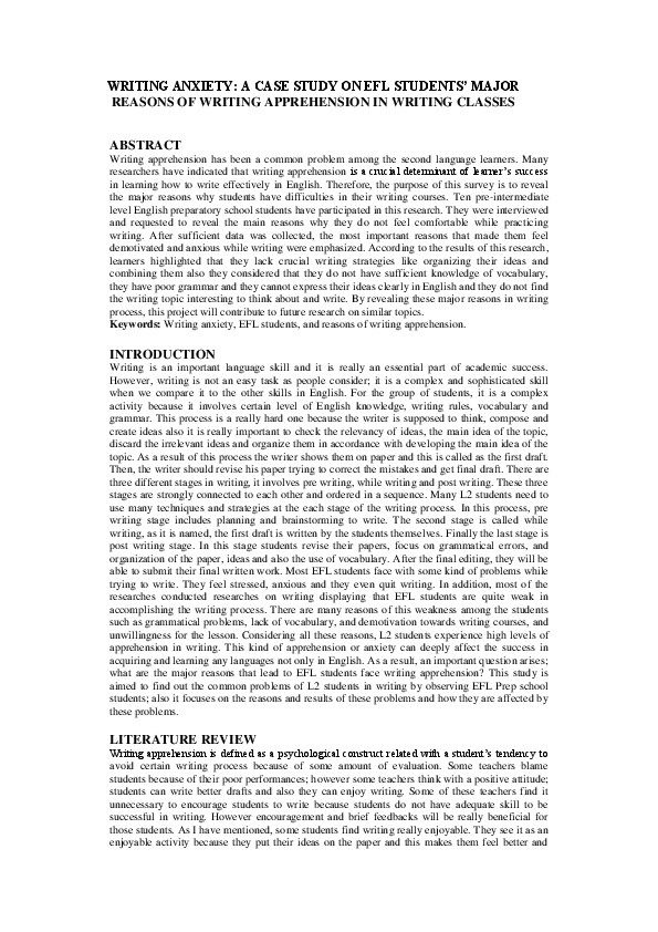 (PDF) WRITING ANXIETY A CASE STUDY ON EFL STUDENTS’ MAJOR REASONS OF