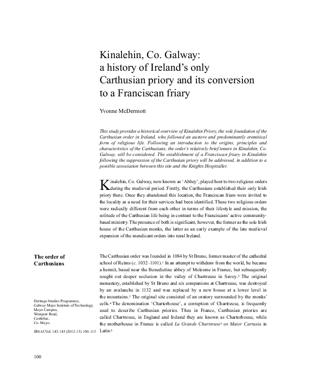 Kinalehin, Co. Galway: a history of Ireland’s only Carthusian priory and its conversion to a Franciscan friary