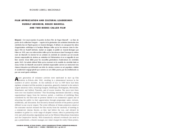 (PDF) Film Appreciation and Cultural Leadership Rudolf