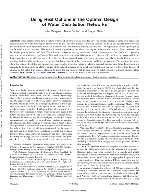 (PDF) Using Real Options in the Optimal Design of Water Distribution ...