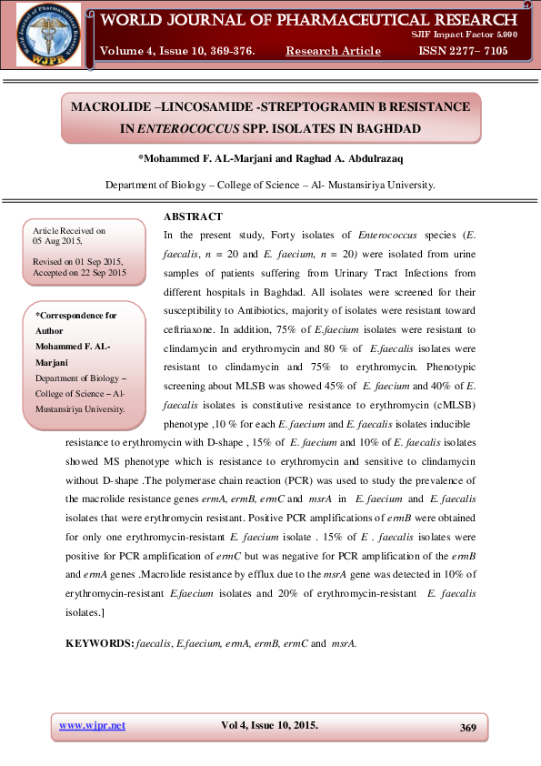 (PDF) Macrolide –Lincosamide -Streptogramin B Resistance in ...