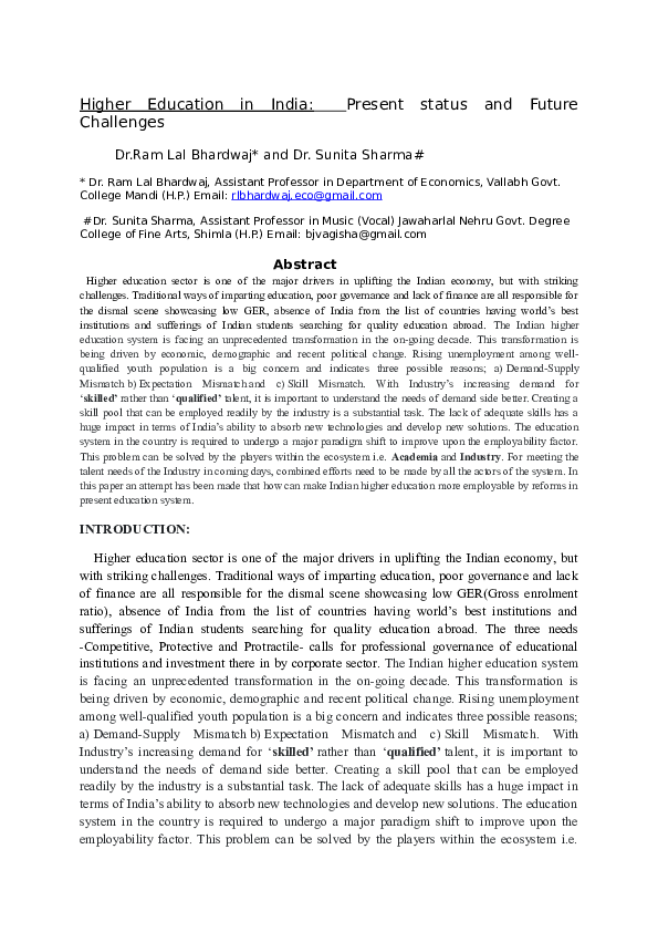 (DOC) Higher Education in India: Present Status and Future Challenges
