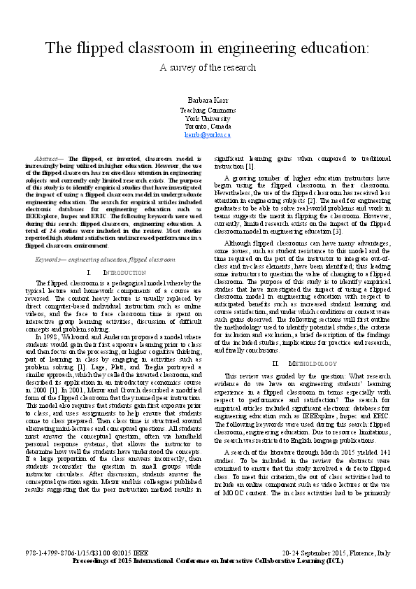 (PDF) The flipped classroom in engineering education A survey of the