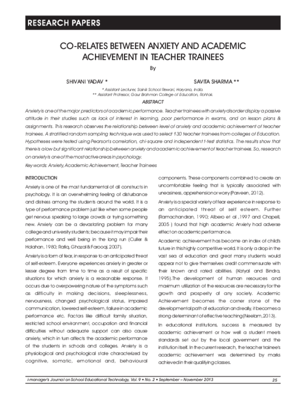 (PDF) CO-RELATES BETWEEN ANXIETY AND ACADEMIC ACHIEVEMENT IN TEACHER ...