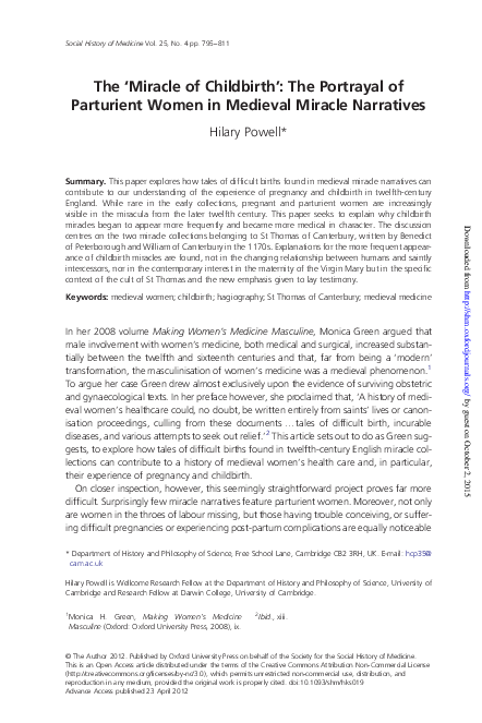 The ‘miracle of childbirth’: the portrayal of parturient women in medieval miracle narratives’