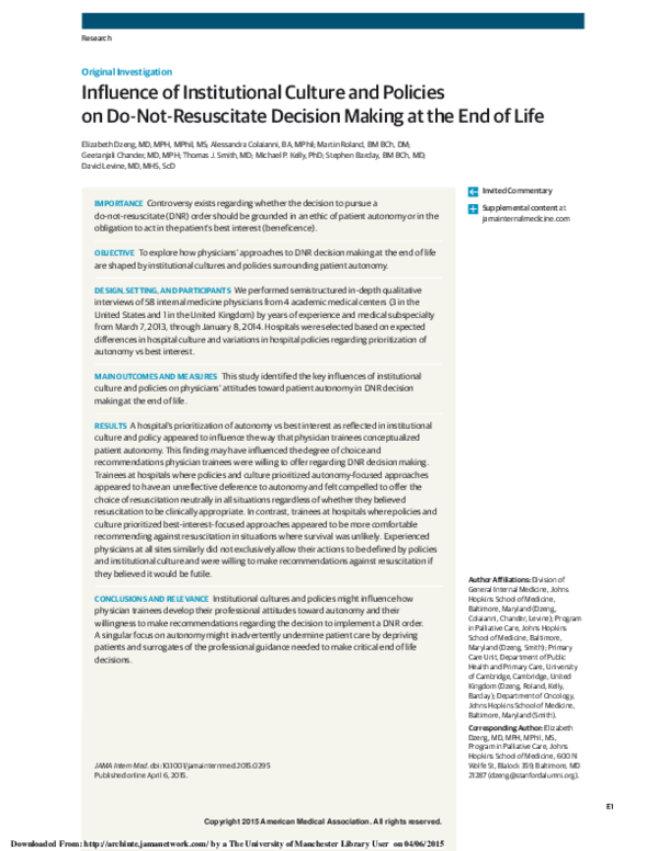 (PDF) Influence of Institutional Culture and Policies on DoNotResuscitate Decision Making at