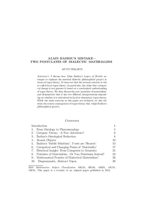 (PDF) Alain Badiou's Mistake—Two Postulates of Dialectic Materialism