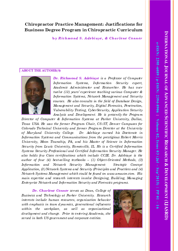 Chiropractor Practice Management Justifications For Business Degree Program In Chiropractic Curriculum Charlene Conner And Richmond Adebiaye Academia Edu