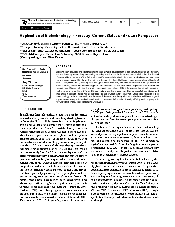 (PDF) Application of Biotechnology in Forestry: Current ...