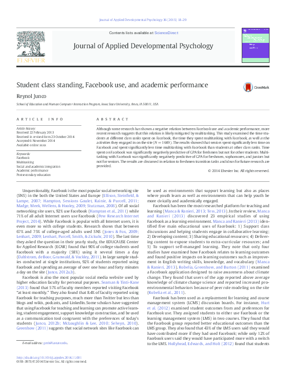 (PDF) Student class standing, Facebook use, and academic performance