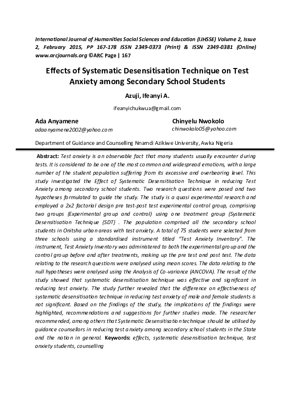 (PDF) Effects of Systematic Desensitisation Technique on Test Anxiety ...