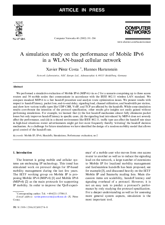 (PDF) A simulation study on the performance of Mobile IPv6 in a WLAN ...