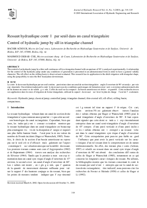 (PDF) Control of hydraulic jump by sill in triangular channel Mahmoud