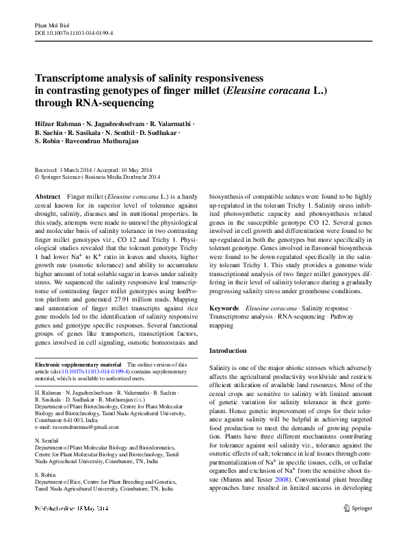 (PDF) Transcriptome analysis of salinity responsiveness in contrasting ...