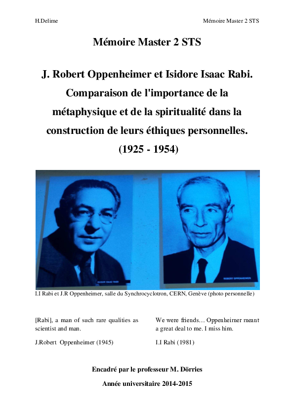 Pdf J Robert Oppenheimer Et Isidore Isaac Rabi Comparaison De L Importance De La Metaphysique Et De La Spiritualite Dans La Construction De Leurs Ethiques Personnelles 1925 1954 Herve Delime Academia Edu
