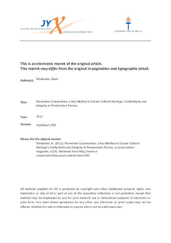 (PDF) Preventive Conservation: a Key Method to Ensure Cultural Heritage ...