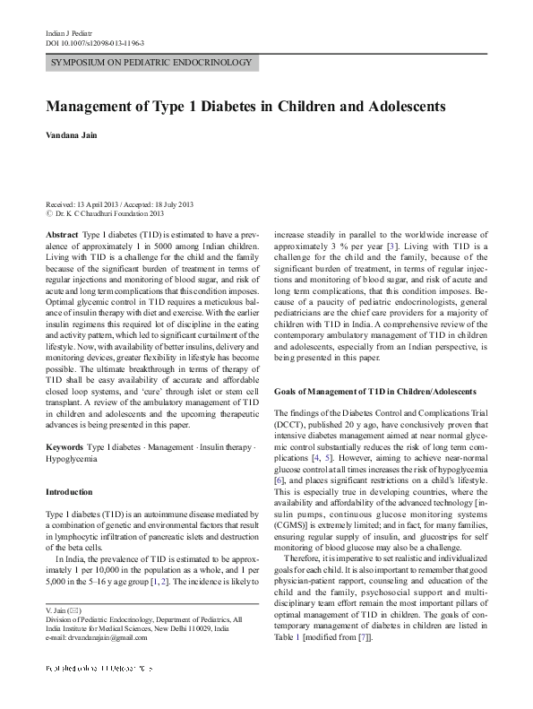 (PDF) Management of Type 1 Diabetes in Children and Adolescents 2013