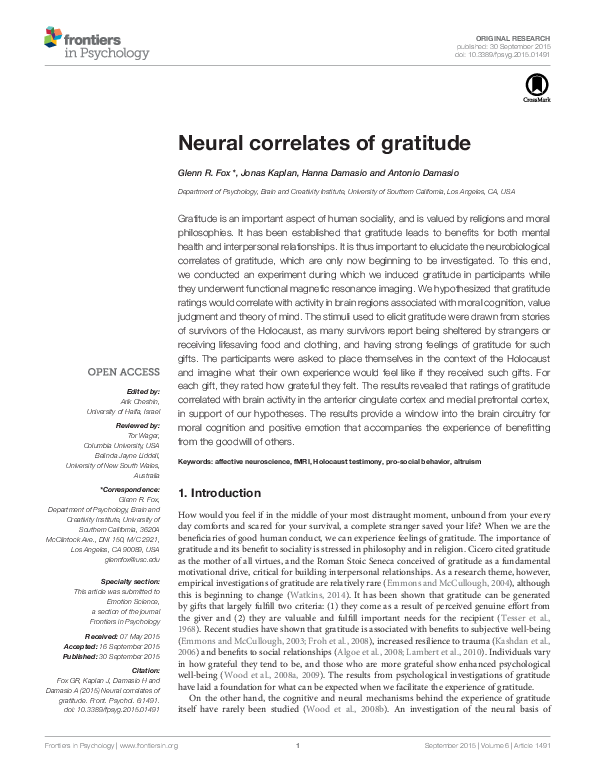 (PDF) Neural correlates of gratitude
