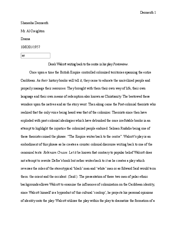 (DOC) Derek Walcott writing back to the centre in his play Pantomime