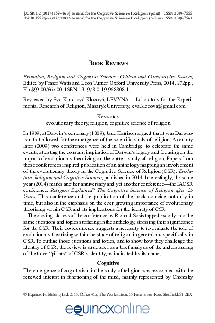 Kundtová Klocová, Eva (2014). Evolution, Religion and Cognitive 